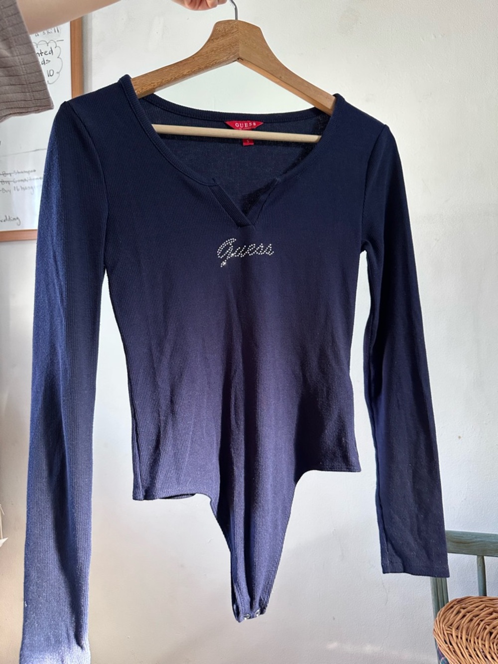 Y2K GUESS rhinestone long sleeve bodysuit S navy blue